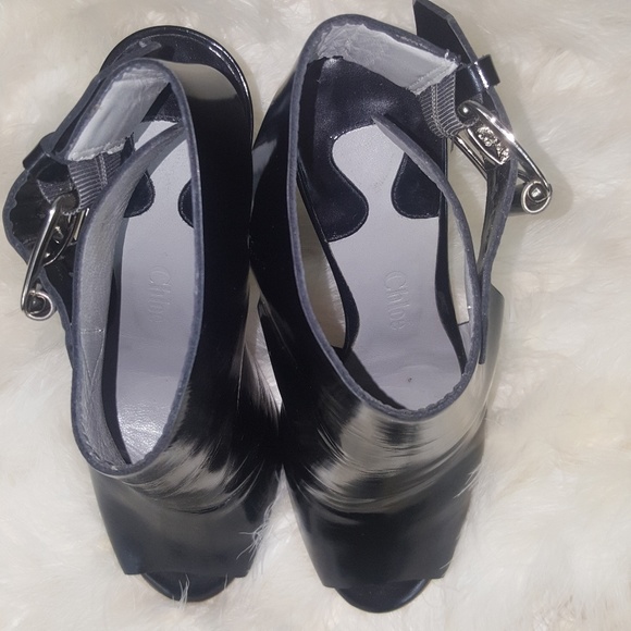Chloe Patent Leather Black Ankle Wedge Booties 37 - Picture 4 of 8